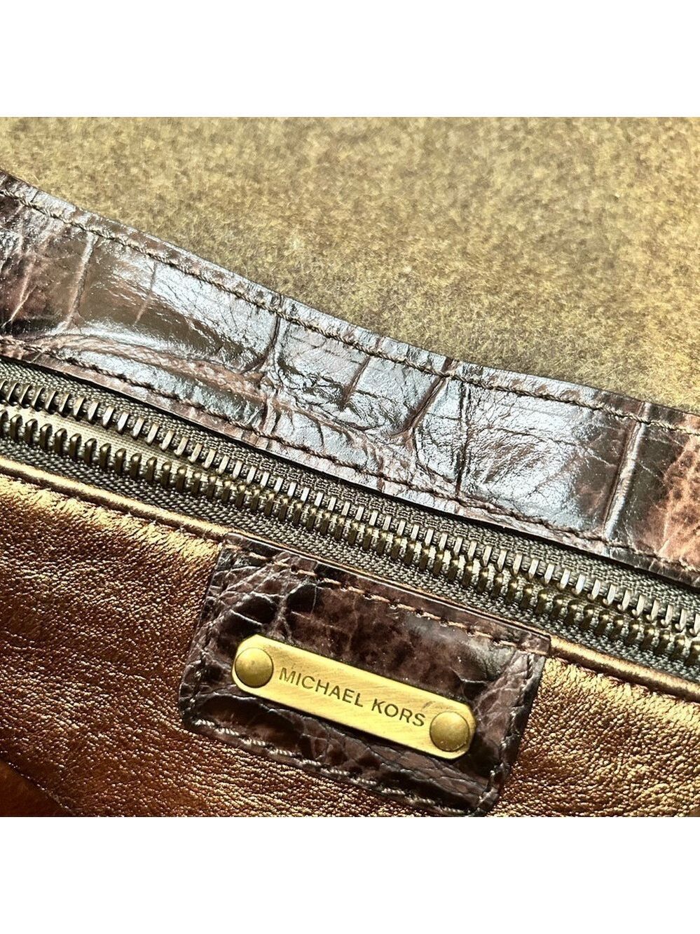 MICHAEL KORS Studs Chains Leather Fringe Vintage Army Green Wool Shoulder Bag EC - Picture 8 of 8